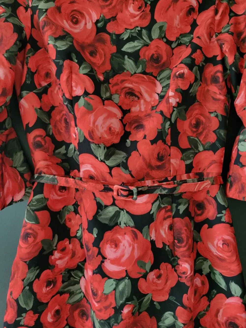 David Meister Red Rose Floral Bell Sleeve Belted Sheath Dress Size 6